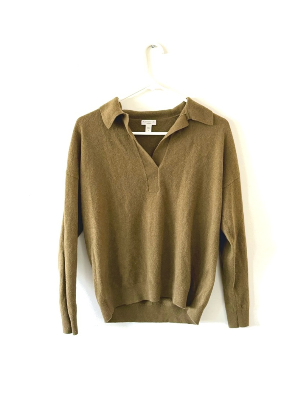 Cashmere Garnet Hill Olive Green PoloCollared Women's Sweater, Medium